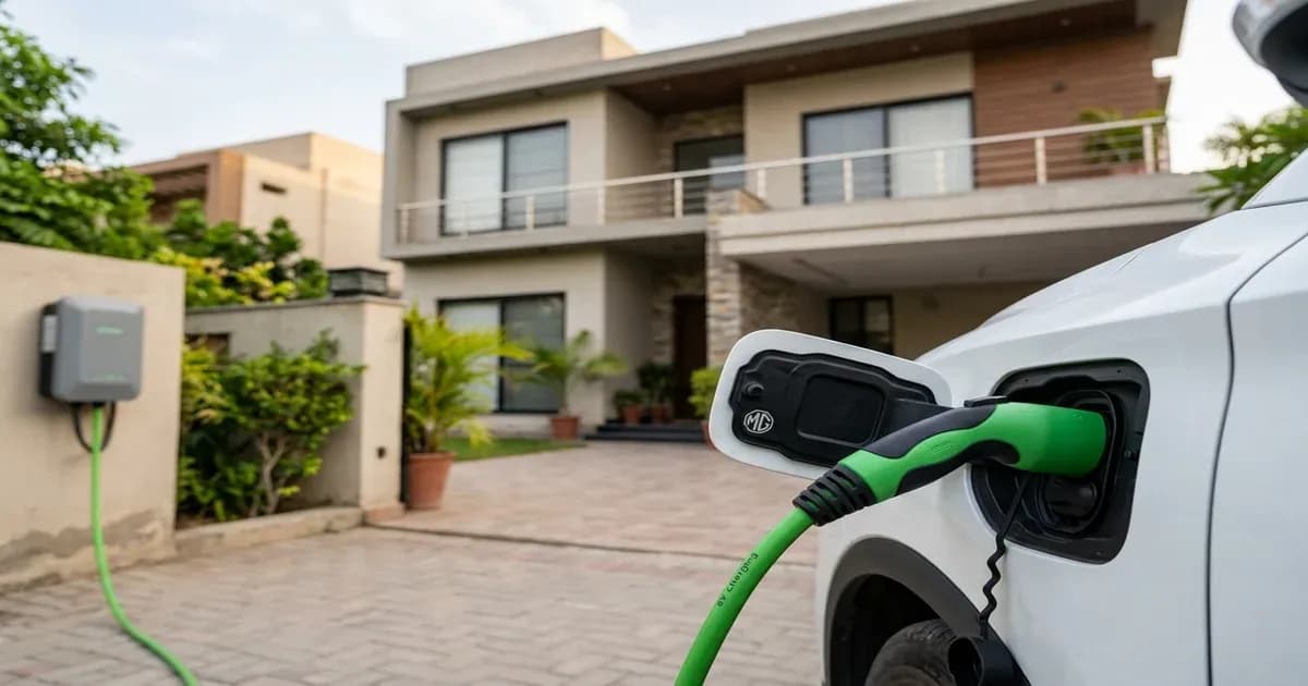 Electric car charging socket with cable plugged in at a home in Pakistan — SolarNevs spec card