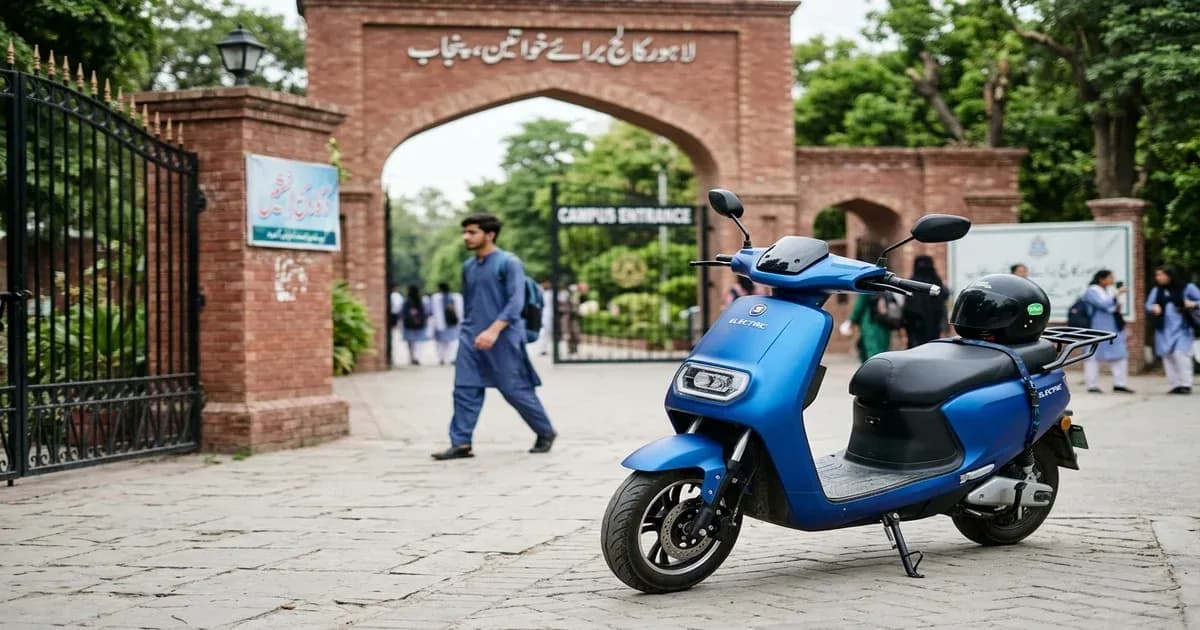Student electric scooter parked outside a college gateway in Punjab, Pakistan — SolarNevs spec card