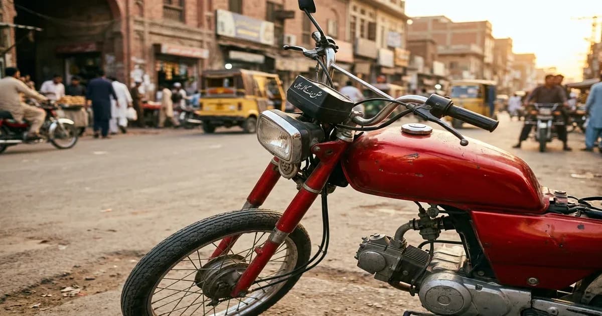 Classic red petrol motorcycle parked on a street in Lahore during golden hour — SolarNevs spec card