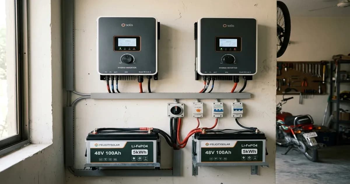 Modern hybrid solar inverters and backup battery system mounted on a garage wall — SolarNevs spec card