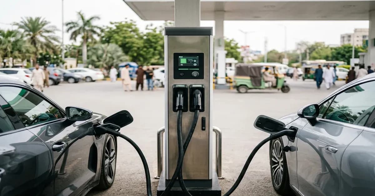 EV fast charger dispenser with cables plugged in at a station in Karachi — SolarNevs spec card