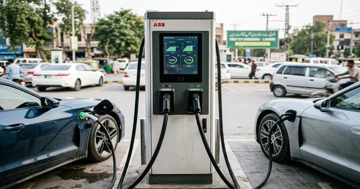 EV fast charger dispenser with cables plugged in at a station in Lahore — SolarNevs spec card