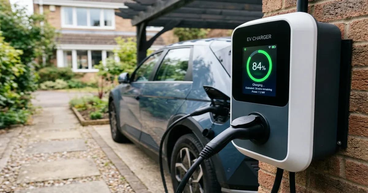 EV charger status screen showing charging progress percentage — SolarNevs spec card