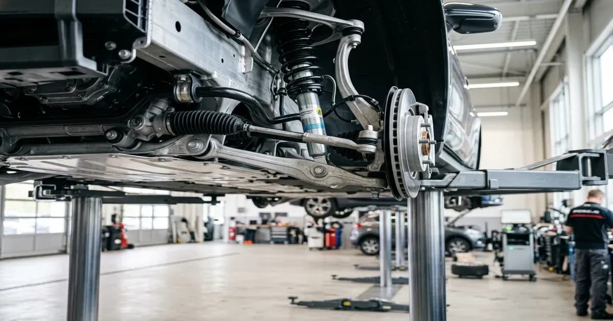 Underside of a modern electric car on a service lift in a dealership workshop — SolarNevs spec card