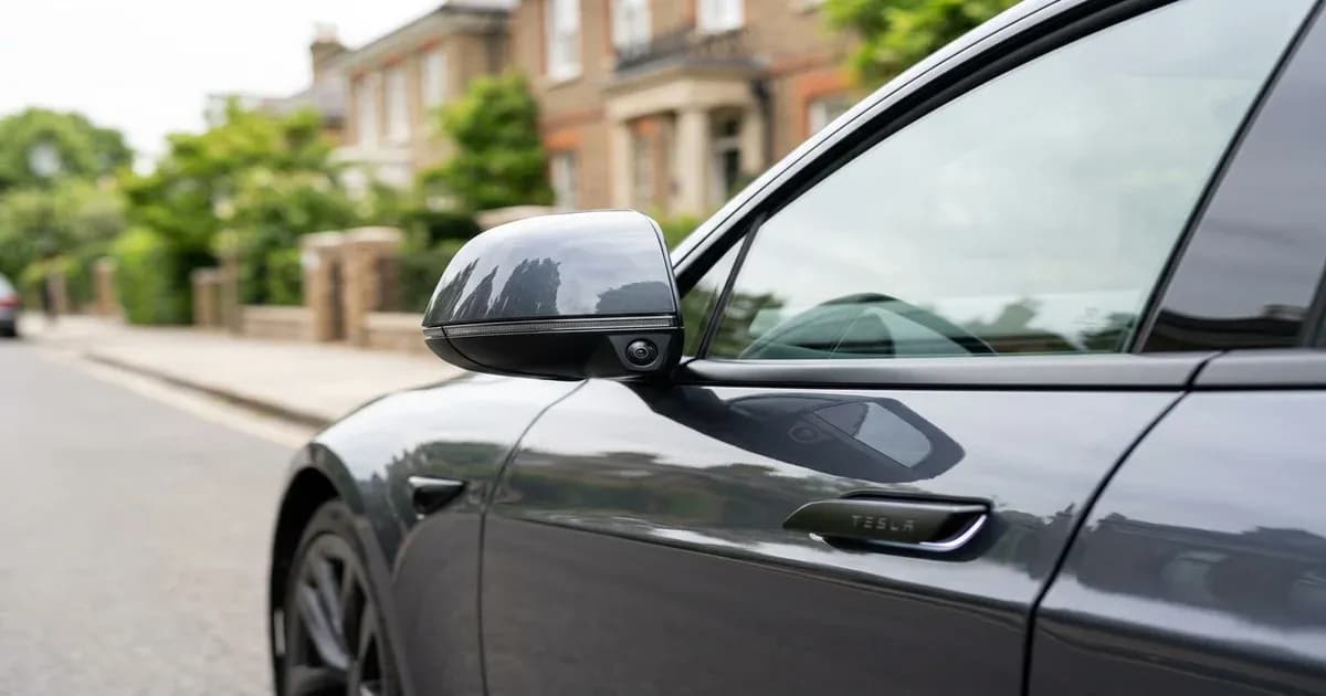 Modern premium electric vehicle side mirror and door parked on a clean street — SolarNevs spec card