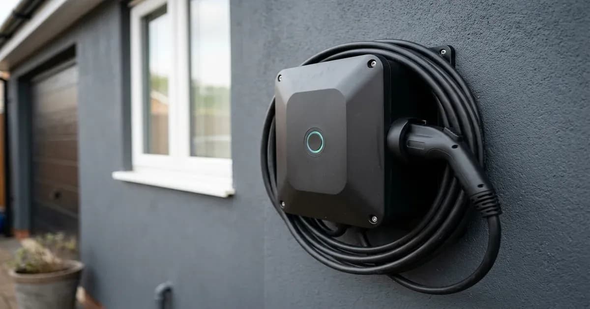 Sleek 7kW wallbox EV charger mounted on a residential wall in Pakistan — SolarNevs spec card
