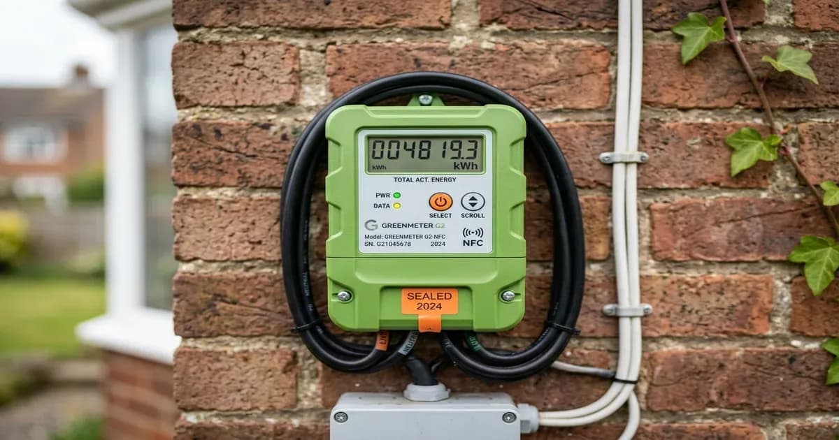 Modern green digital electricity meter on a residential wall in Pakistan — SolarNevs spec card