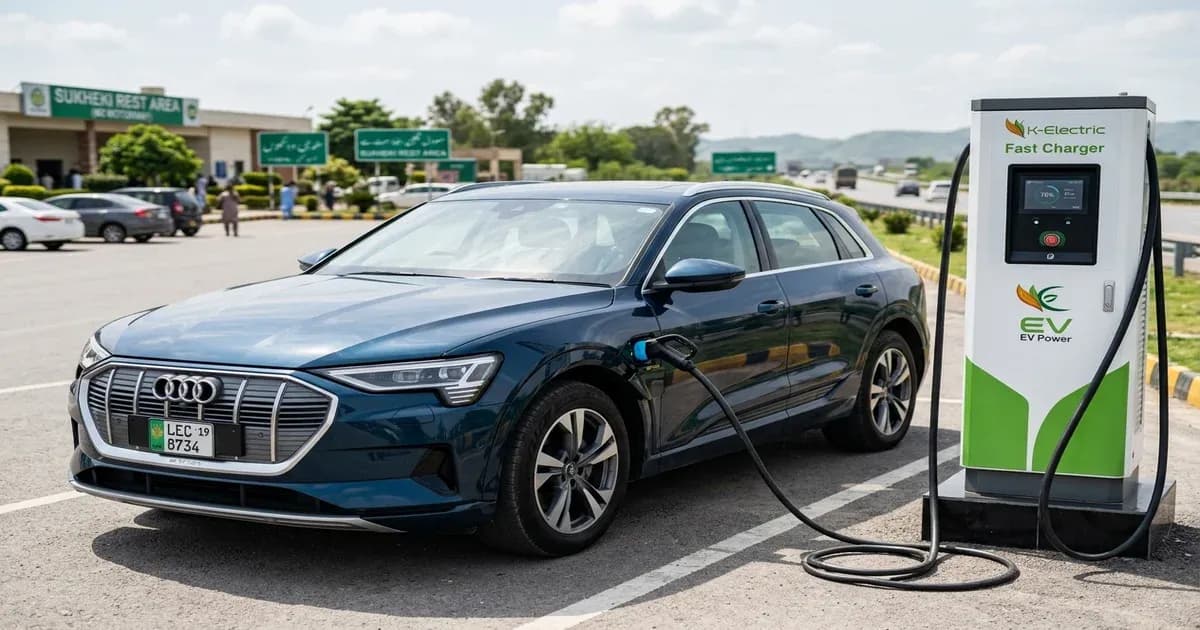 Electric SUV charging at a highway rest station along the M2 motorway in Pakistan — SolarNevs spec card