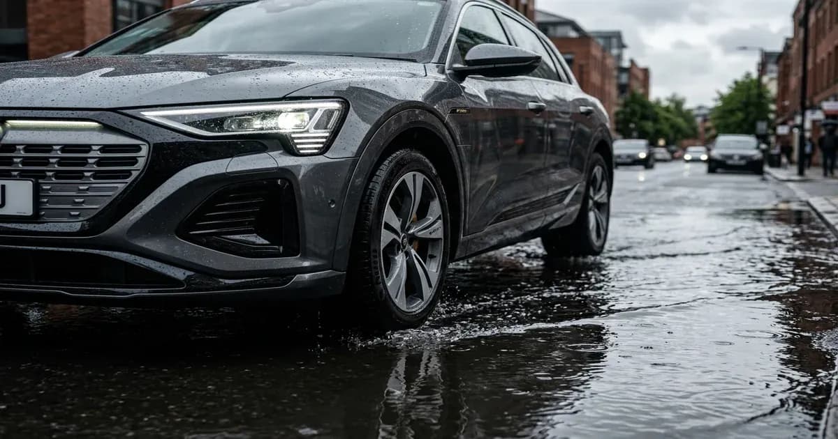 Modern electric SUV driving slowly through a water puddle on a city street in monsoon — SolarNevs spec card
