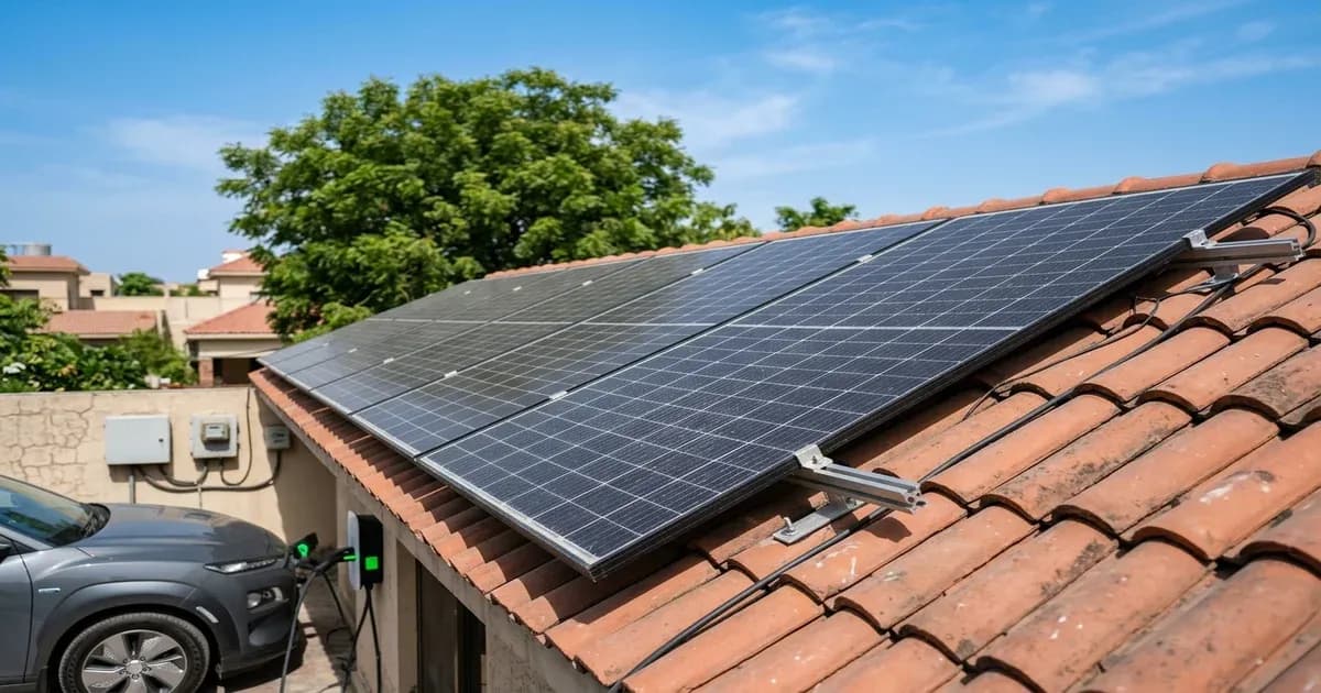 Modern solar panels on a roof in Pakistan with a charging electric car partially visible — SolarNevs spec card