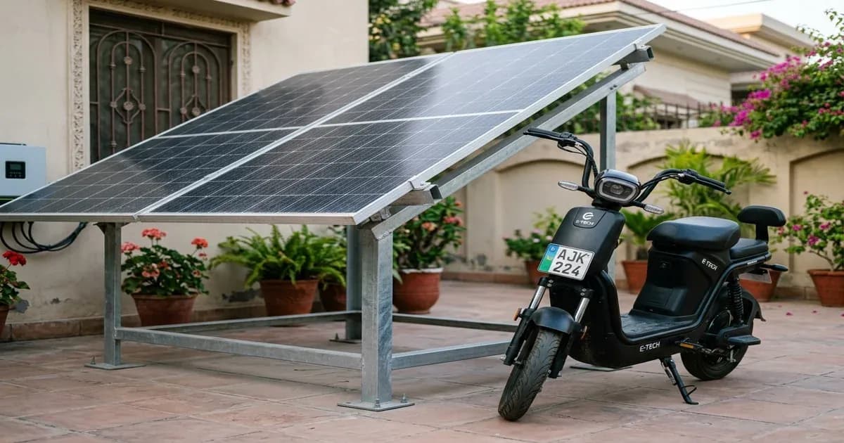 Two solar panels on a stand next to a modern electric scooter in a domestic courtyard in Pakistan — SolarNevs spec card