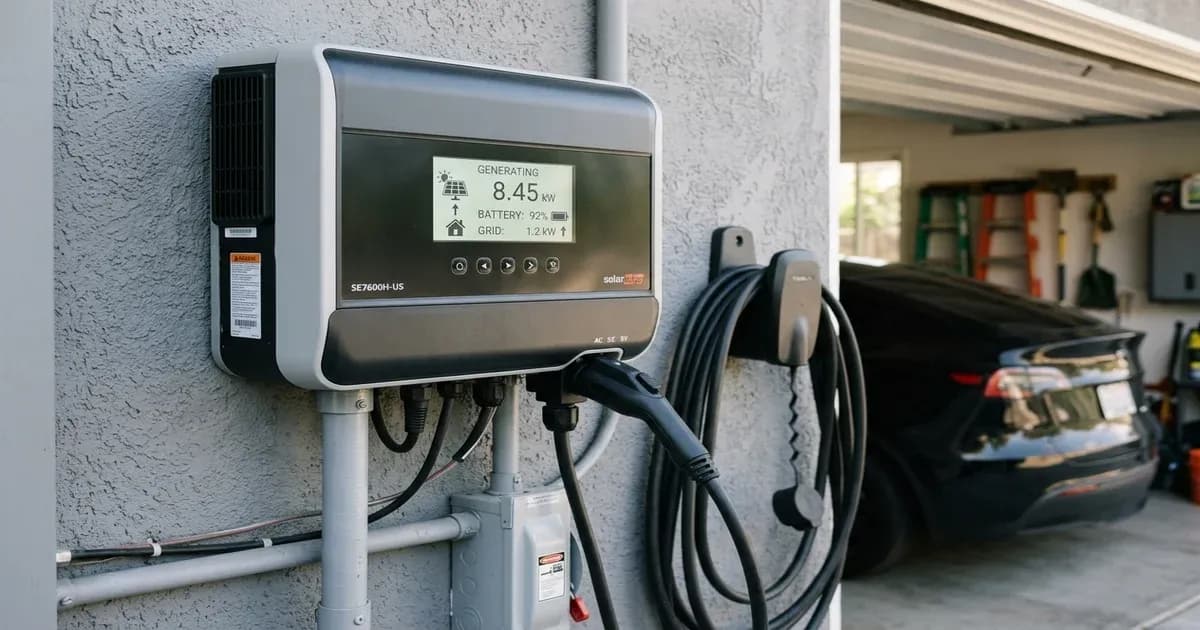 Modern hybrid solar inverter system on a garage wall with EV charger cord attached — SolarNevs spec card