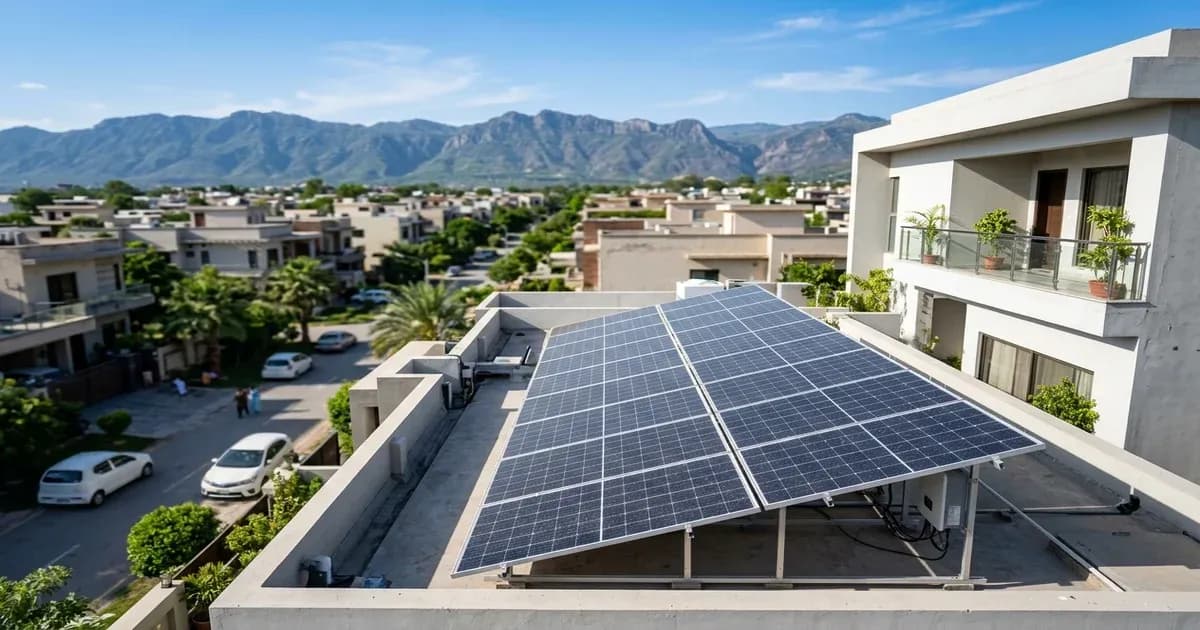 Newly installed solar panel array on a modern house rooftop in Pakistan under blue skies — SolarNevs spec card