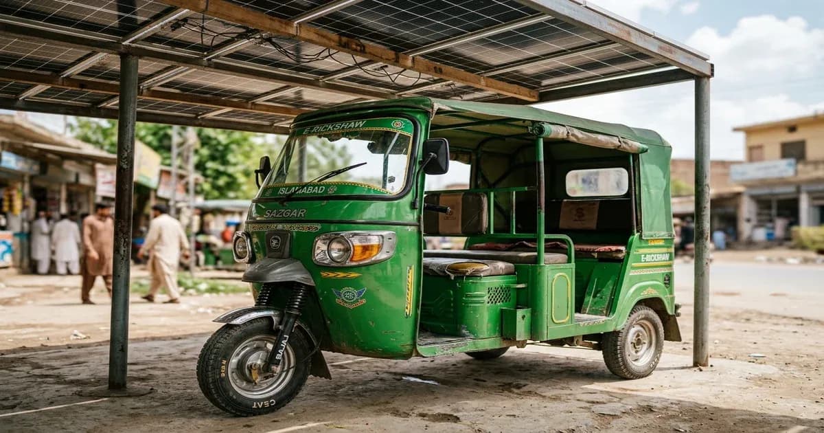 Green electric rickshaw parked under a small solar carport canopy in Pakistan — SolarNevs spec card
