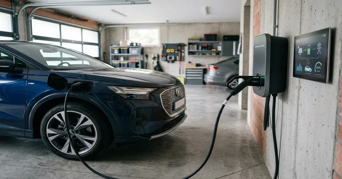 Modern electric SUV in a garage connected to a bidirectional home wall charger — SolarNevs spec card