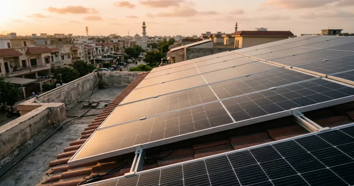 Solar panels covering a rooftop in Pakistan during golden hour — SolarNevs spec card