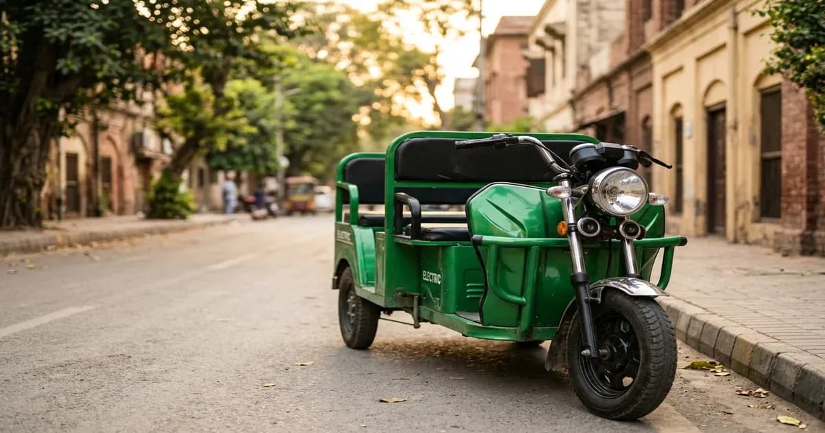 Modern green electric rickshaw three-wheeler parked on a side street in Lahore — SolarNevs spec card