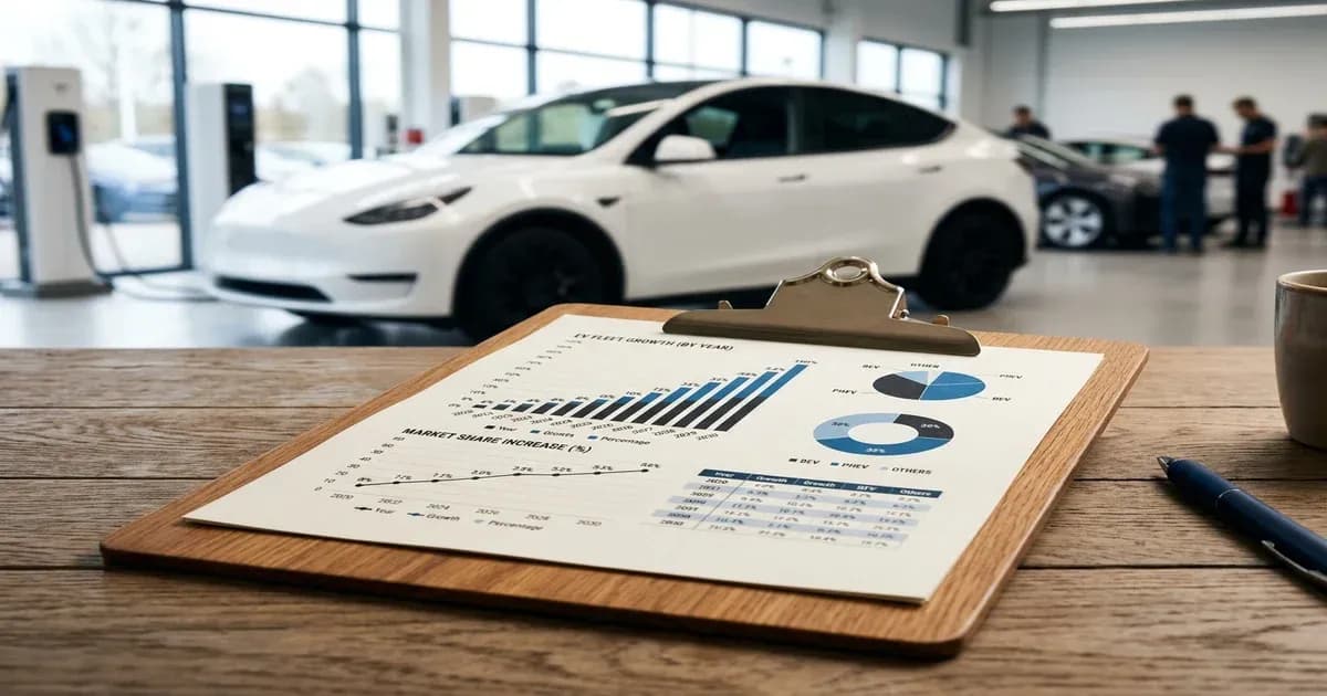 Clipboard with a printed document showing EV fleet growth statistics charts on a wooden desk — SolarNevs spec card