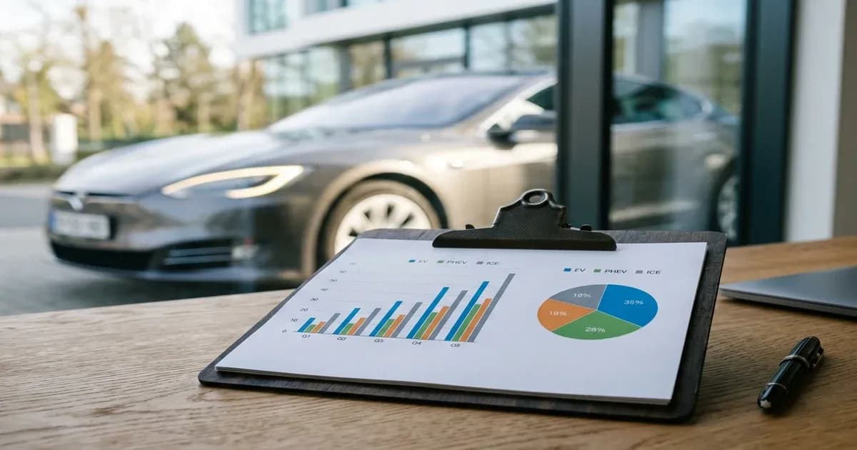 Clipboard with a monthly EV sales tracker document showing sales charts and graphs on a desk — SolarNevs spec card