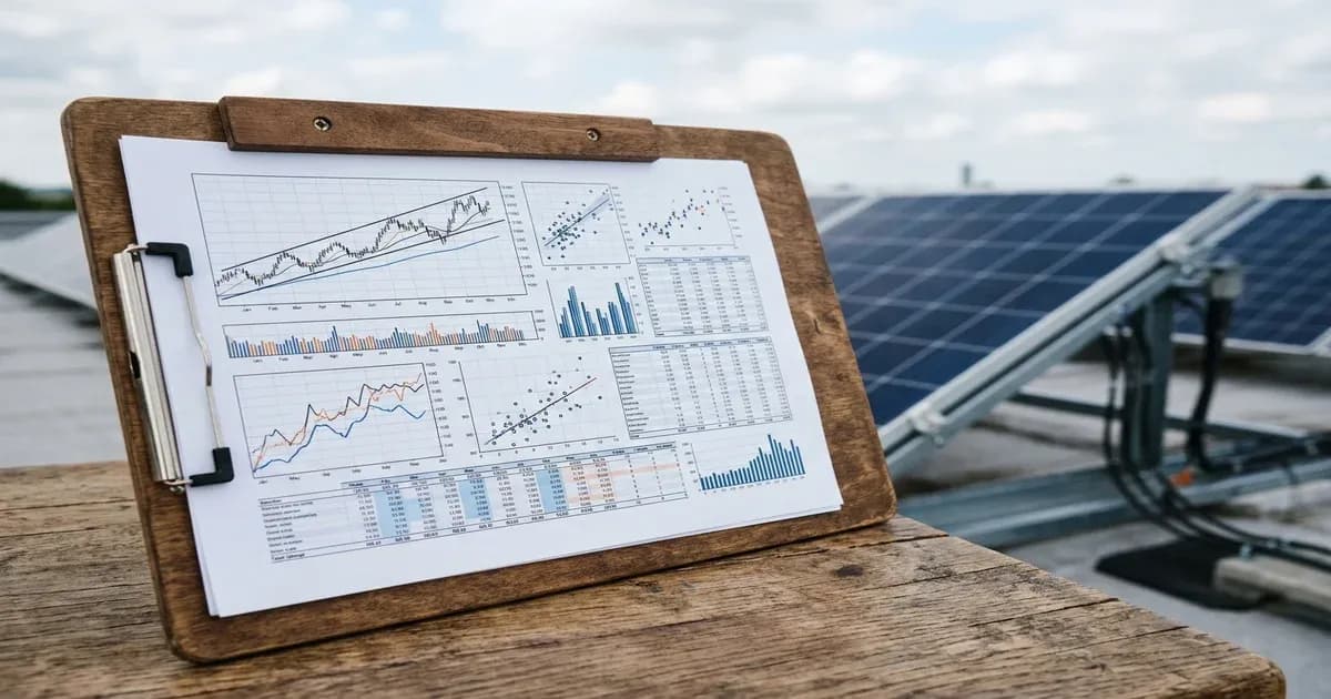 Clipboard with a monthly solar price report document showing price charts and statistics on a desk — SolarNevs spec card