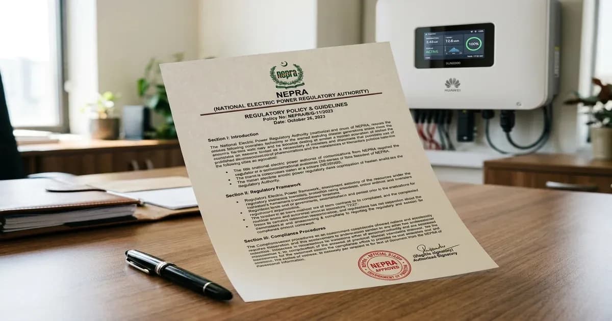 Printed NEPRA policy regulatory document with official stamp resting on a desk — SolarNevs spec card