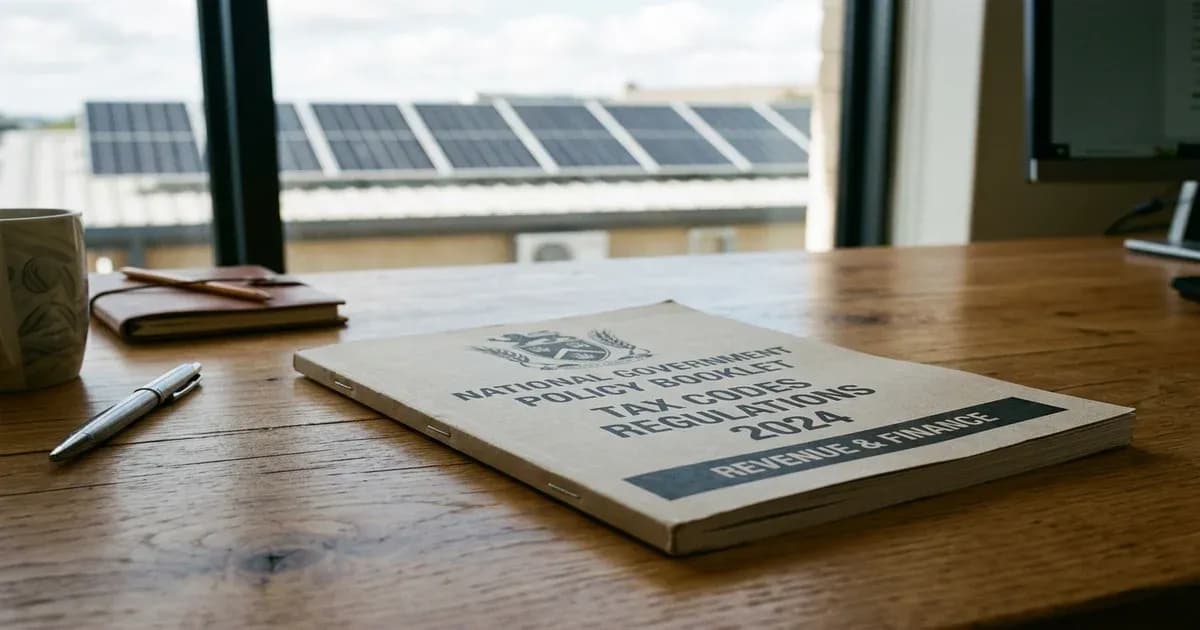 Printed government policy booklet on a wooden desk with solar panels visible out the window — SolarNevs spec card