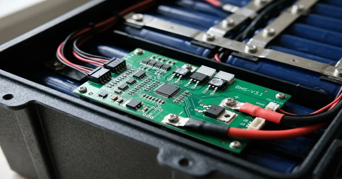 Battery management system BMS circuit board inside a lithium solar battery pack — SolarNevs spec card