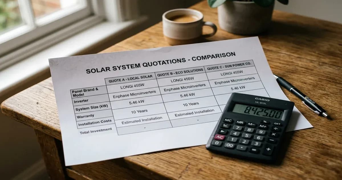 Solar quote comparison template sheet and calculator on a desk — SolarNevs spec card