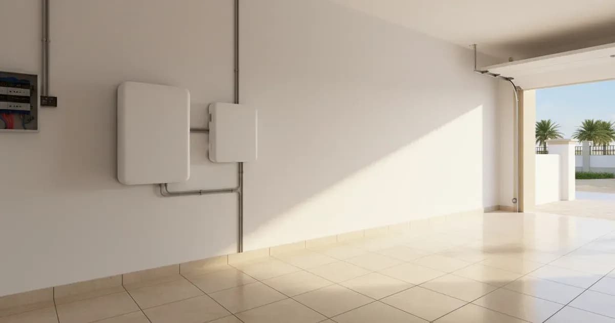 A lithium solar battery unit mounted on a garage wall in a UAE villa next to a hybrid inverter — SolarNevs spec card