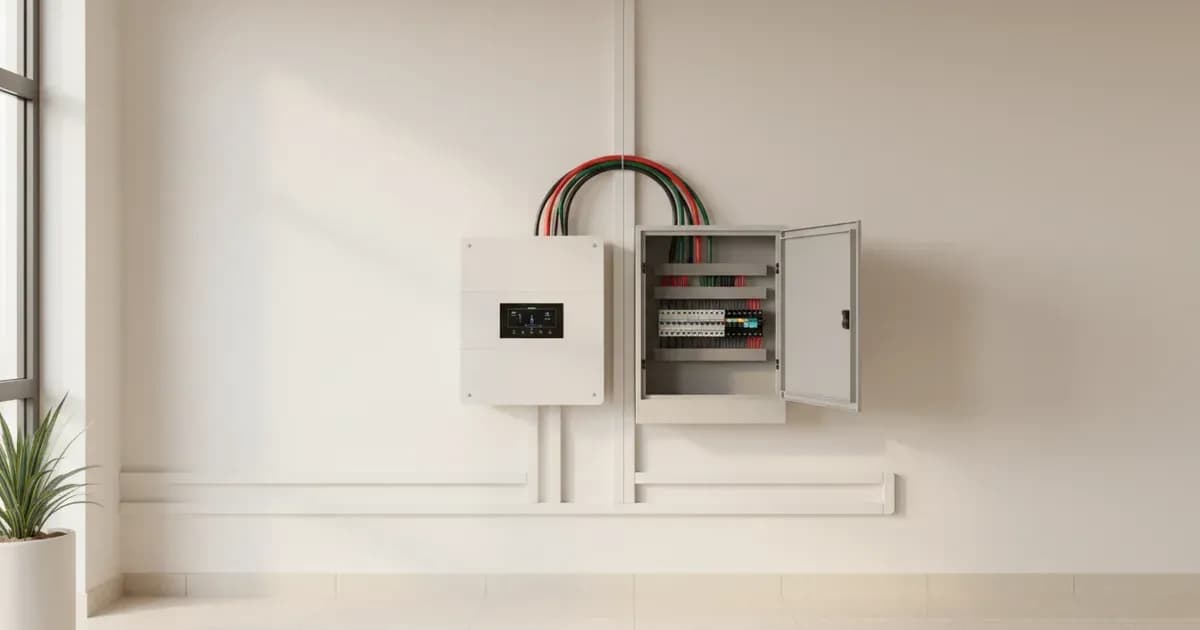 A wall-mounted hybrid solar inverter installed beside a distribution board in a UAE home — SolarNevs spec card