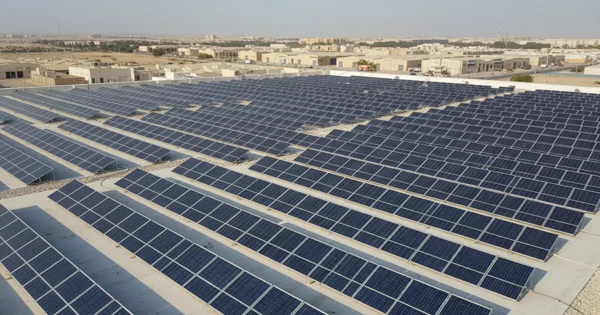 Solar panel array on a flat rooftop in Abu Dhabi with industrial buildings of Musaffah in the distance — SolarNevs spec card