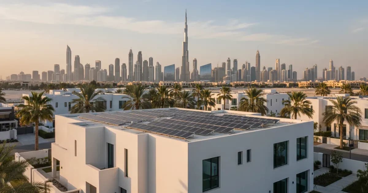 Solar panels installed on a Dubai villa rooftop with the city skyline rising behind — SolarNevs spec card