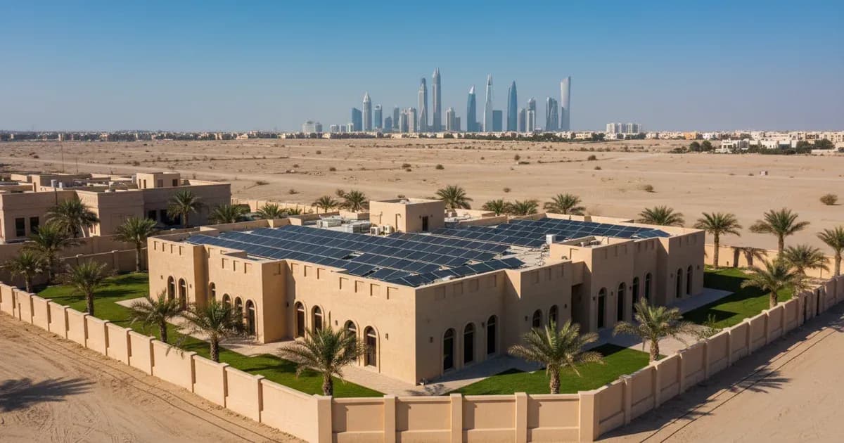 Rooftop solar panels on a residential villa under clear UAE skies with city towers in the background — SolarNevs spec card