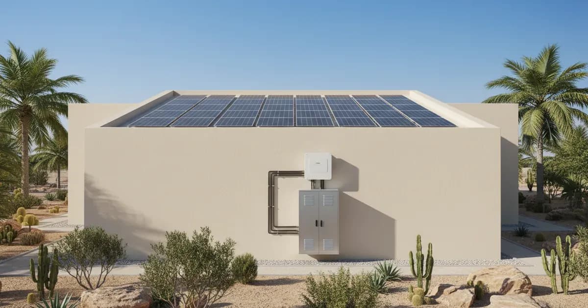 A residential solar installation in the UAE showing panels, an inverter unit, and battery storage on a villa wall — SolarNevs spec card