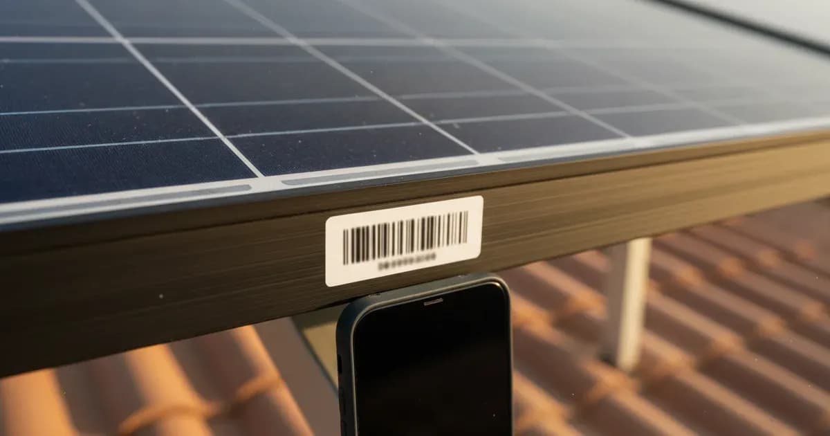 Close-up of a Canadian Solar module serial number label being photographed for verification — SolarNevs spec card