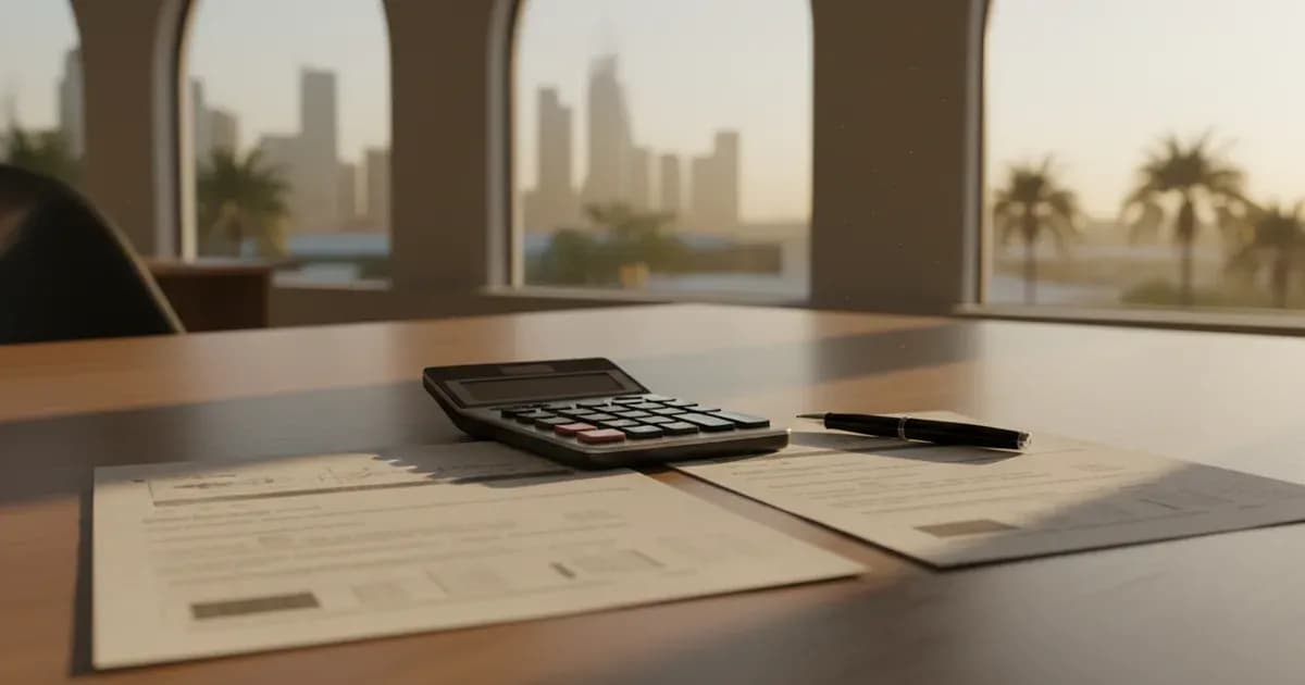 Two solar quotations side by side on a desk with a calculator and AED banknotes — SolarNevs spec card