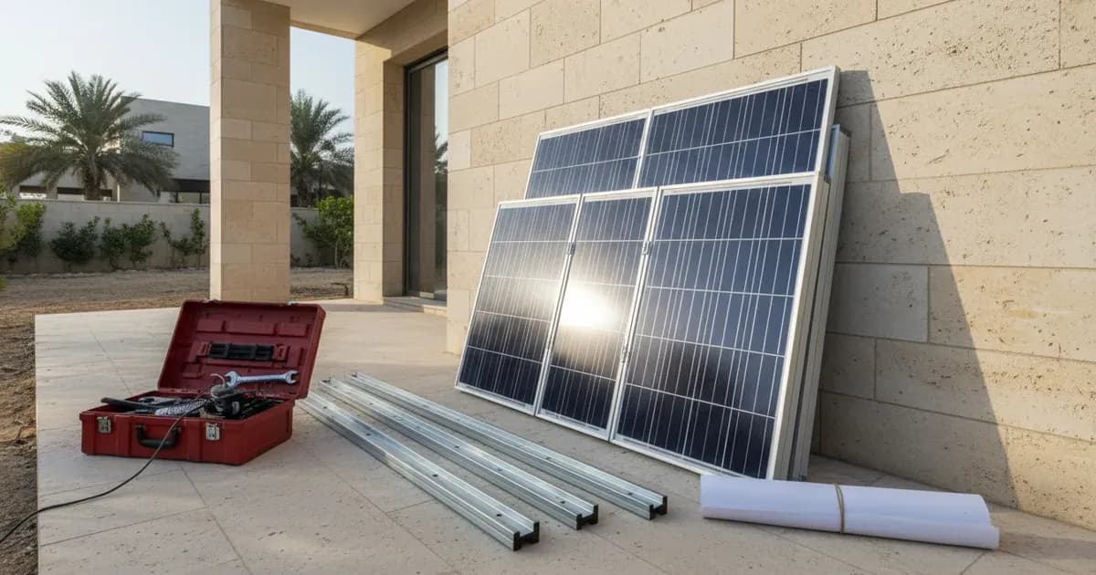 Two solar installers reviewing plans beside stacked panels at a Dubai villa — SolarNevs spec card