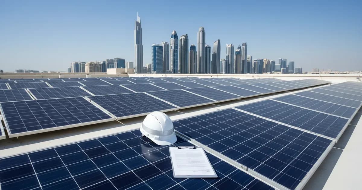 Engineer in a safety helmet inspecting rooftop solar panels with Dubai high-rises behind — SolarNevs spec card