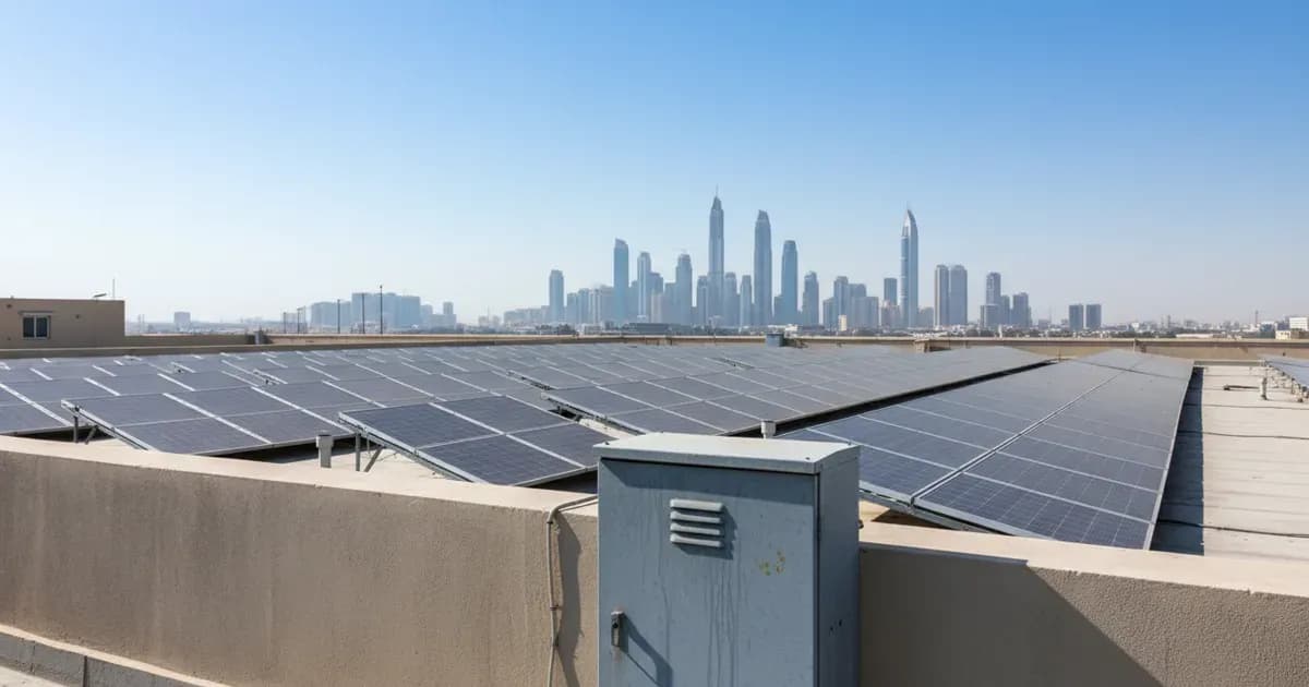 Solar panels on a flat Dubai rooftop at midday with an electricity meter cabinet in view — SolarNevs spec card
