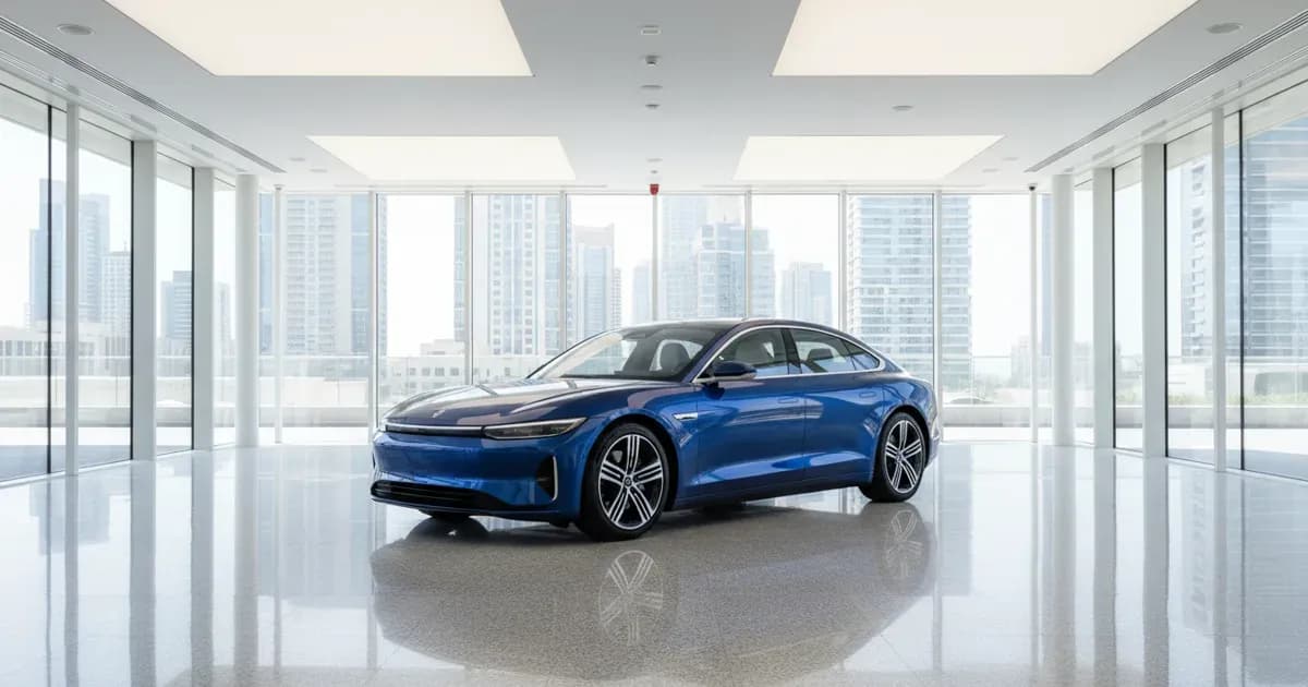 A BYD Seal electric saloon displayed inside a brightly lit Al-Futtaim showroom in Dubai — SolarNevs spec card