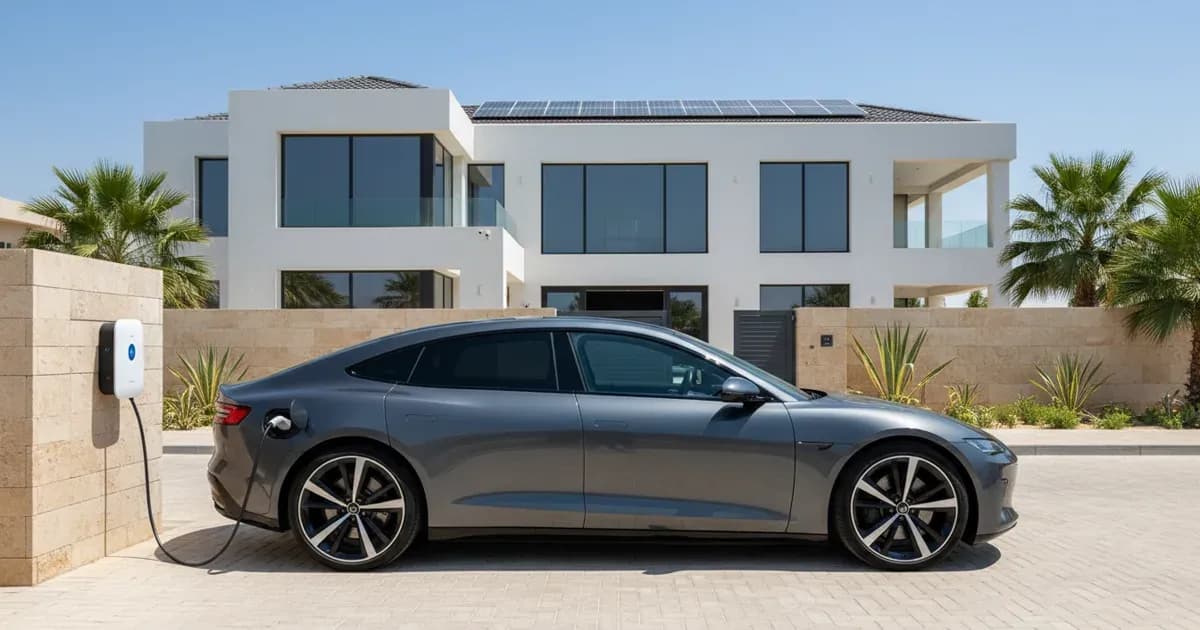 An electric car charging in a villa driveway beneath rooftop solar panels under a clear Dubai sky — SolarNevs spec card