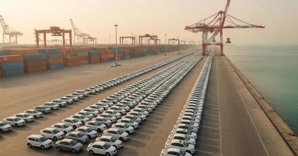 A shipping port in the UAE with rows of imported cars and container cranes in the background — SolarNevs spec card