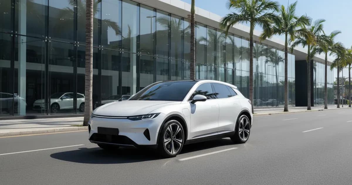 A white Tesla Model Y parked in front of a glass-fronted Tesla showroom on a sunny Dubai street — SolarNevs spec card