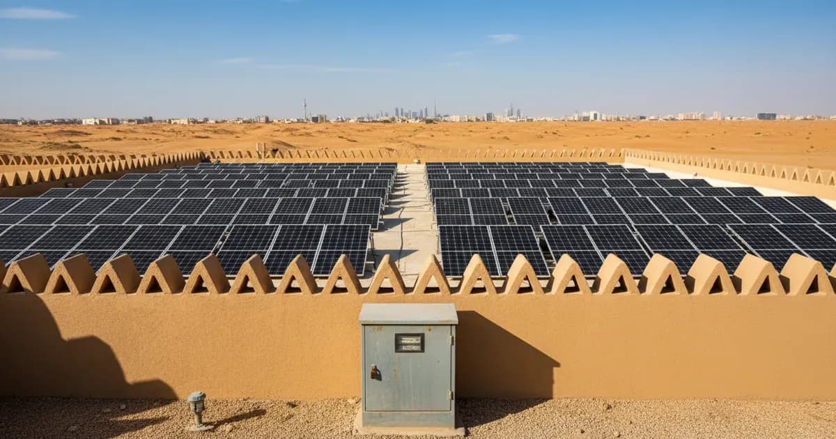 A rooftop solar array on a Saudi villa with an electricity meter cabinet in the foreground — SolarNevs spec card