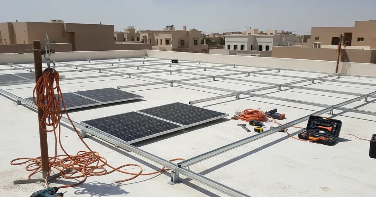 A solar installation team fitting panels on a Saudi rooftop with safety harnesses and mounting rails — SolarNevs spec card
