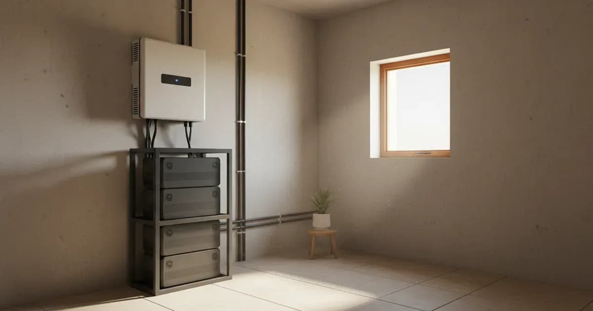 A wall-mounted hybrid solar inverter beside a rack of storage batteries in a Saudi home installation — SolarNevs spec card