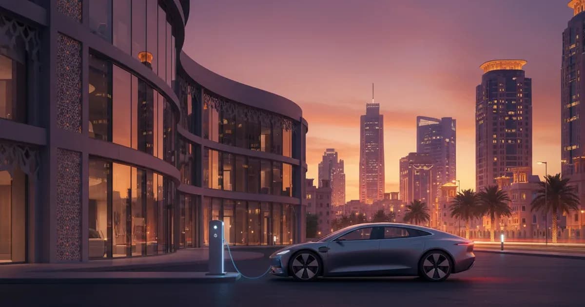 An electric car charging outside a modern showroom in Riyadh at dusk — SolarNevs spec card