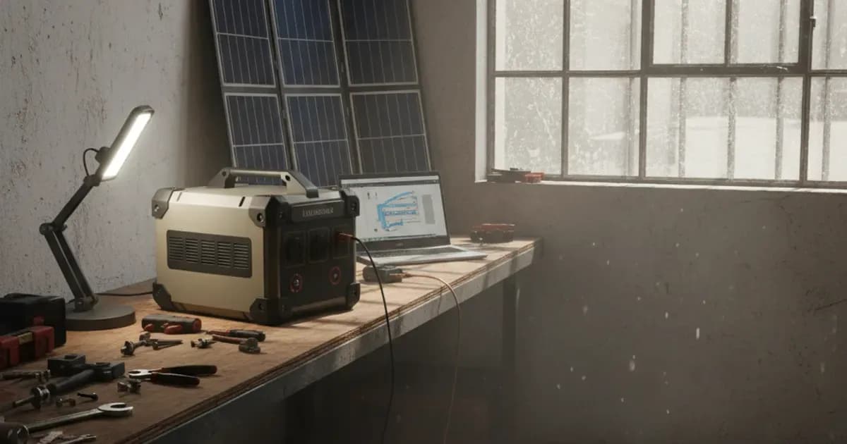 A portable lithium power station on a workbench powering tools and lights in a Saudi workshop — SolarNevs spec card