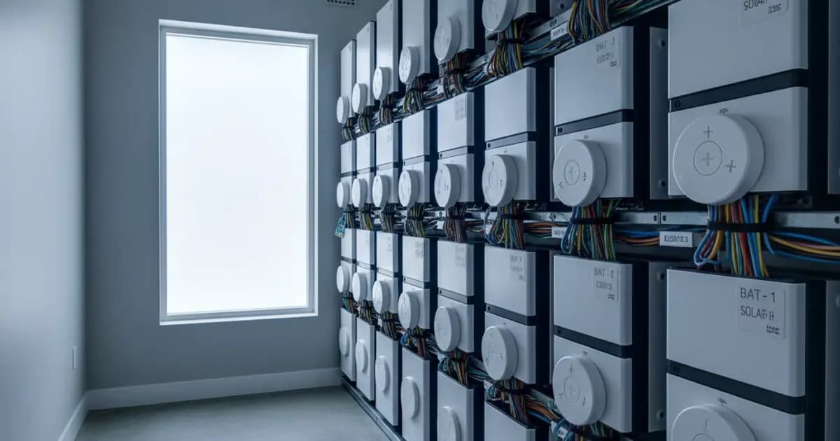 A bank of solar storage batteries in a ventilated equipment room of a Saudi home — SolarNevs spec card