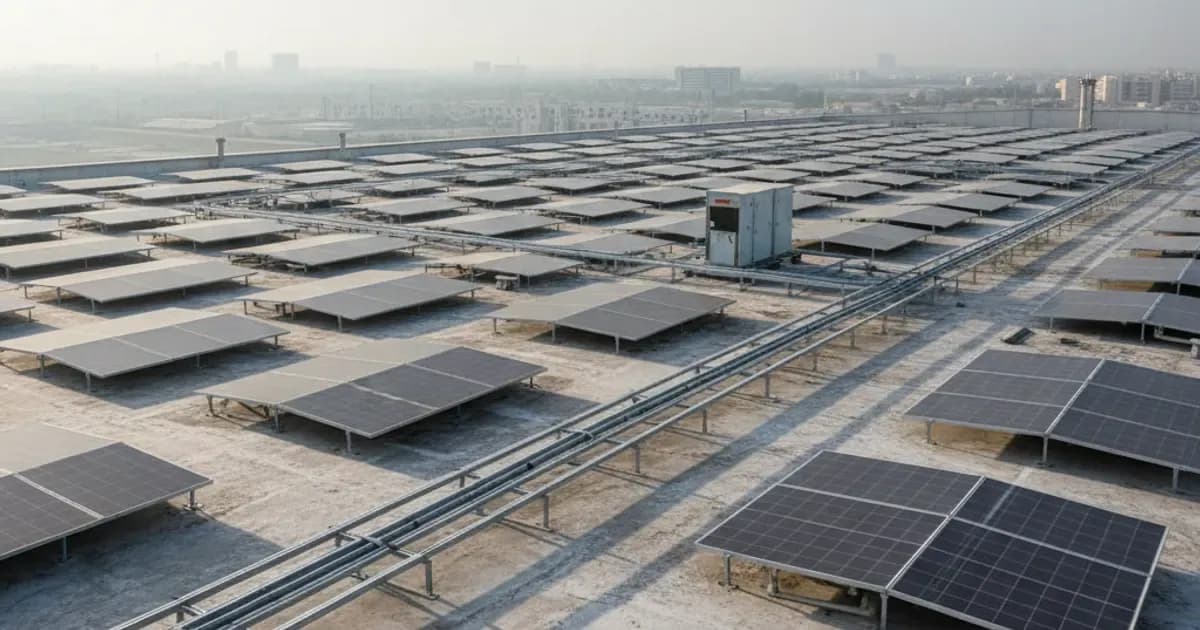 Solar panels on an industrial rooftop in Dammam with humid Gulf-coast haze on the horizon — SolarNevs spec card